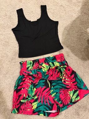 Black Ribbed Cropped Tank with Tropical Print Shorts